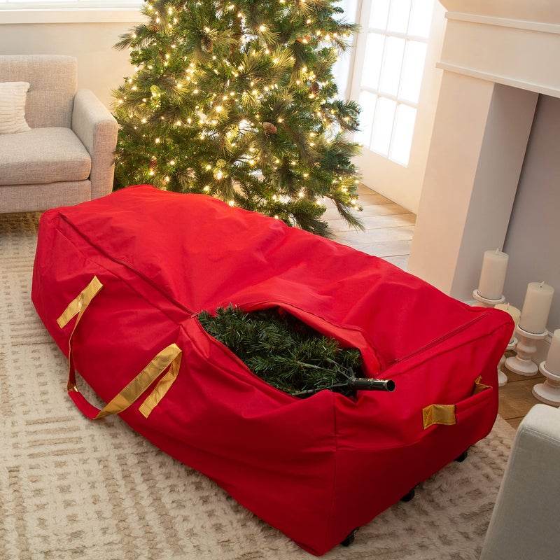 Simplify Christmas Tree Storage Bag | Holds Artificial Trees up to 11 Feet Tall | Holiday Decorations Organizer | Wheeled | Collapsible Duffle | Red - Image 2